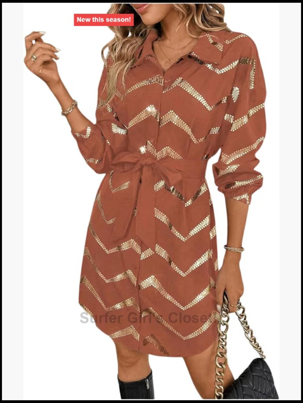Women's Long Sleeve Metallic Gold Cocktail Dress Sheath Knee-Length